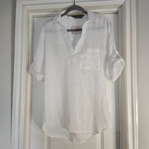 Bella Dahl White 100% Linen V-Neck Pullover Blouse, Size Medium